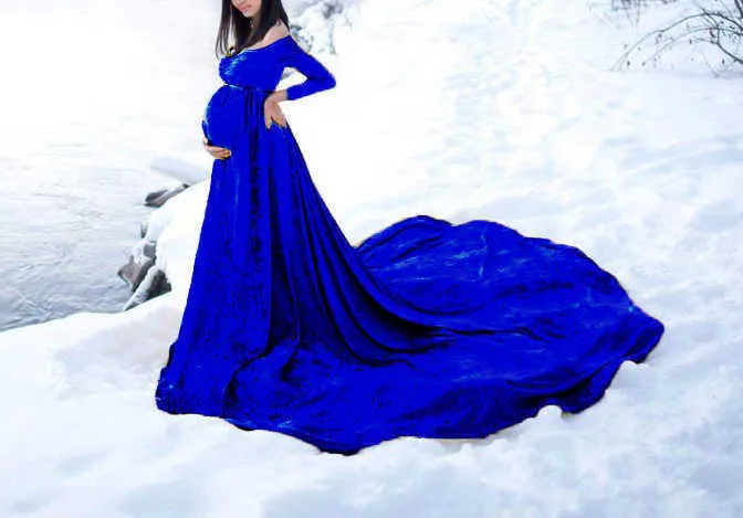 Europäischen Und Amerikanischen Herbst Winter Frauen Gold Samt Schwangere Frauen v-ausschnitt Schwanz-Länge Kleid Fotografie Kleid Vestidos