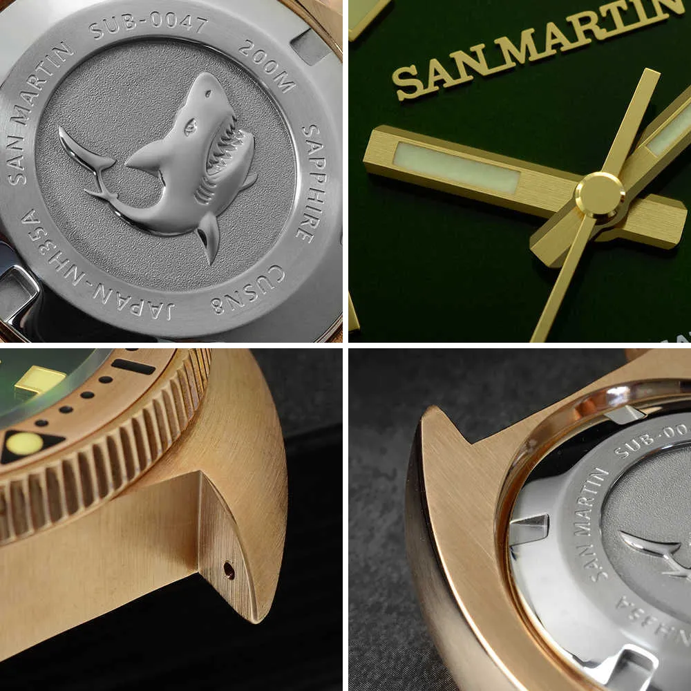 San Martin Abalone Bronze Diver Relojes Hombres Reloj Mecánico Luminoso Resistente al Agua 200 M Correa de Cuero Relojes Elegantes 210728272v