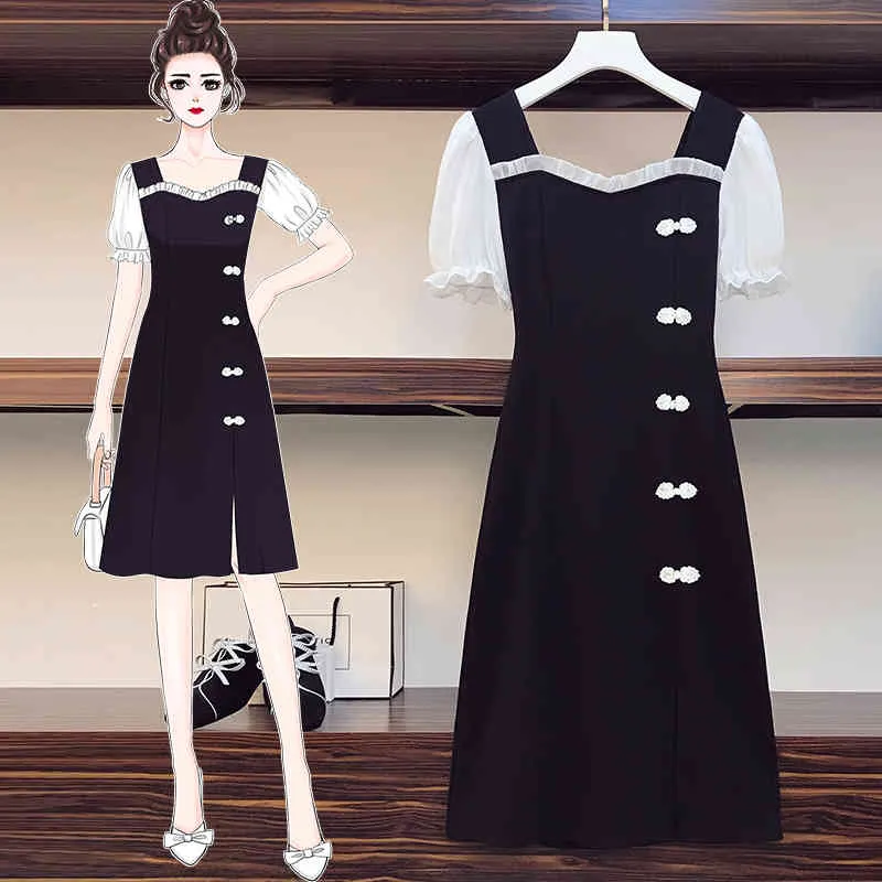 Sommar svart klänning för kvinnor vintage kinesisk stil kort ärm en linje klänningar kvinnlig kläder 210428