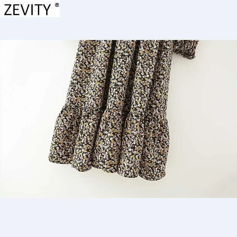 Zevity Women Vintage Square Collar Knitting Patchwork Print Plats Klänning Kvinna Puff Sleeve Casual Midi Vestidos DS4648 210603