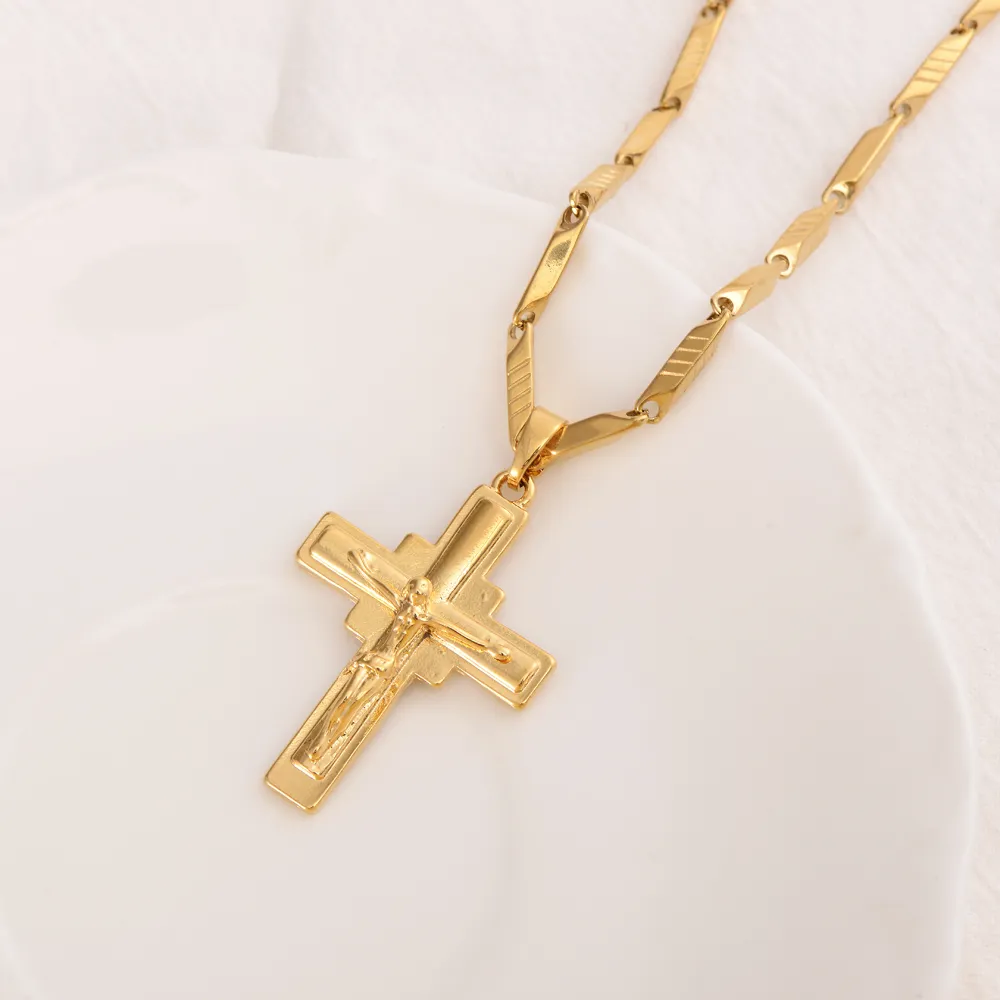 Men's Cross Pendant 18 k Solid Fine Yellow Gold GF Charms Lines Necklace Christian Jewelry Factory God gift238z