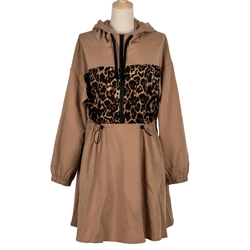 Foridol Leopard Print Spliced ​​Hooded Casual A-Line Dress Women Khaki Drawstring Winter Short Dress Vintage Dress 210415