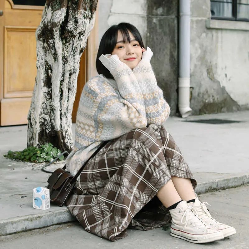 Japanse harajuku herfst winter vrouwen midi rok hoge taille plaid vrouwelijke saias koreaanse ulzzang streetwear elegante lange rokken 210629