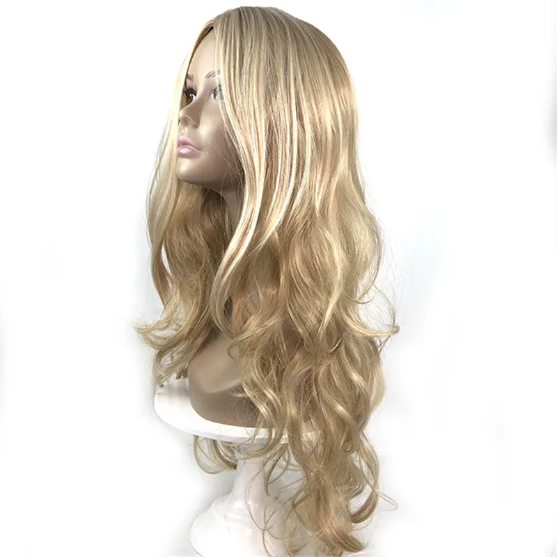 Perruque Synthétique Blonde Longue Bouclée Ondulée Simulation Perruques de Cheveux Humains Postiches pour Femmes Noires et Blanches Perruques K23