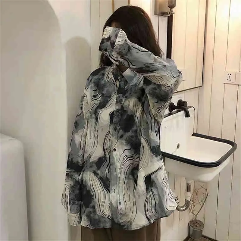 Streetwear Women Ink Painting Printing Shirts Fashion Ladies Turn Down Collar Tops Chinese Style Female Chic Loose Blouses 210427