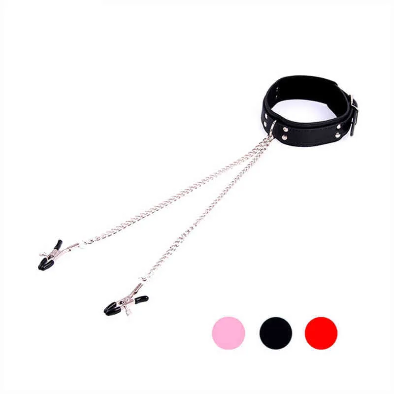 NXY Sex Pump Leksaker Läder Choker Collar With Nipple Breast Clamp Clip Chain Couple SM För Kvinna Verktyg Par Vuxna Spel 1221