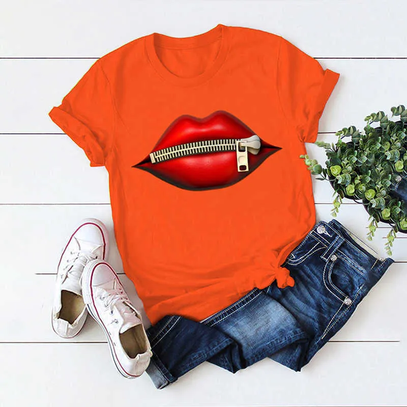 Yaz kadın moda rahat o boyun tişörtleri yaz üst tee üstler tee-shirt fermuar dudak baskı kısa kollu gündelik tişört 210716
