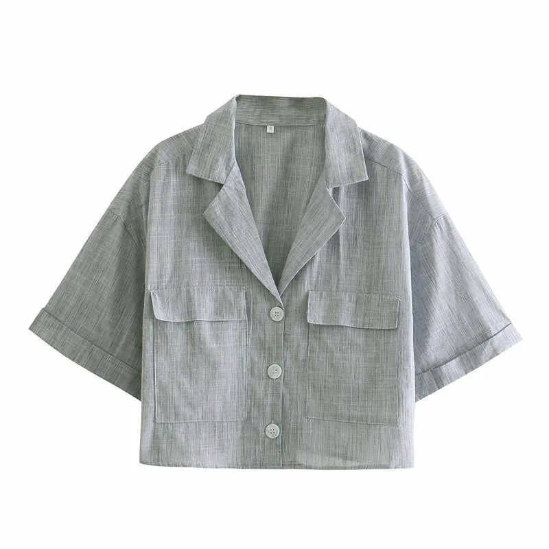 ZA gestreepte bijgesneden zomer shirt vrouwen korte mouw voorflap zakken grijs vintage top vrouwelijke chic button up casual shirts 210602