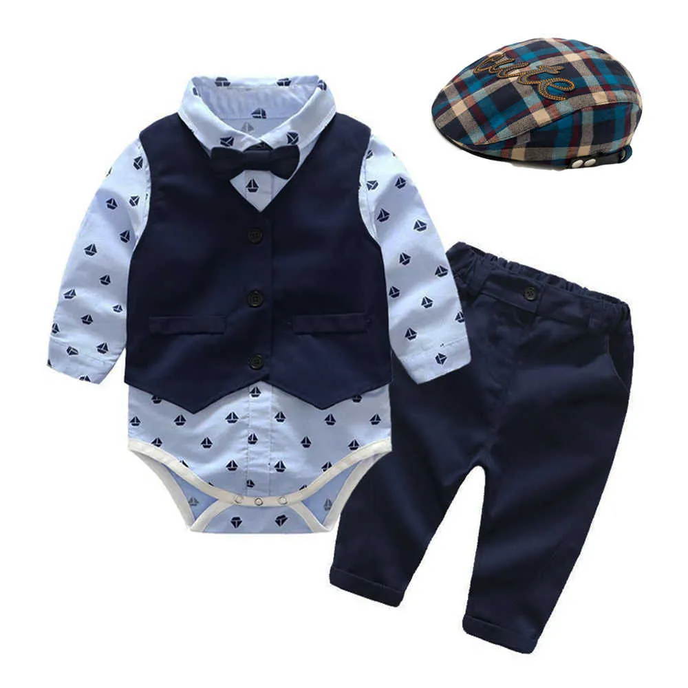 Kinderkleidung für Jungen, Gentleman-Outfits, weißes Hemd + Hose + Trägerhose, 3-teilig, Anzüge für Kleinkinder, Geburtstagskleid, Neugeborene 0–24 m G1023