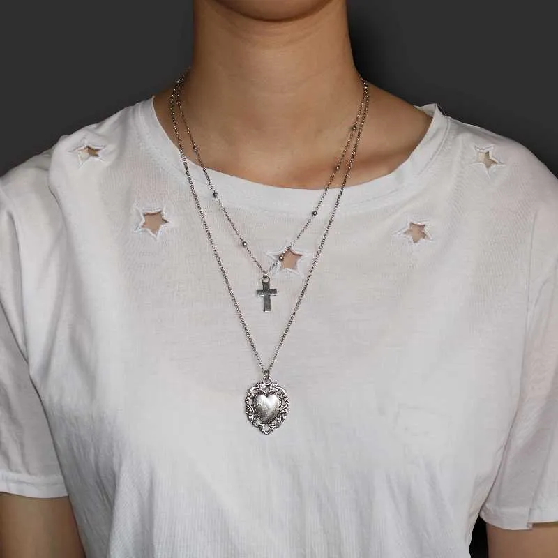 Pendentif Colliers plaqué argent style mexicain catholique sacré coeur croix charme chapelet collier bricolage bijoux faits à la main artisanat 274B