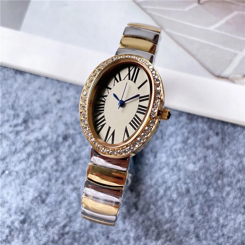 Fashion Brand Watches Women Girl Crystal Oval Arabic Numerals Style Steel Metal Band Beautiful Wrist Watch C61247U
