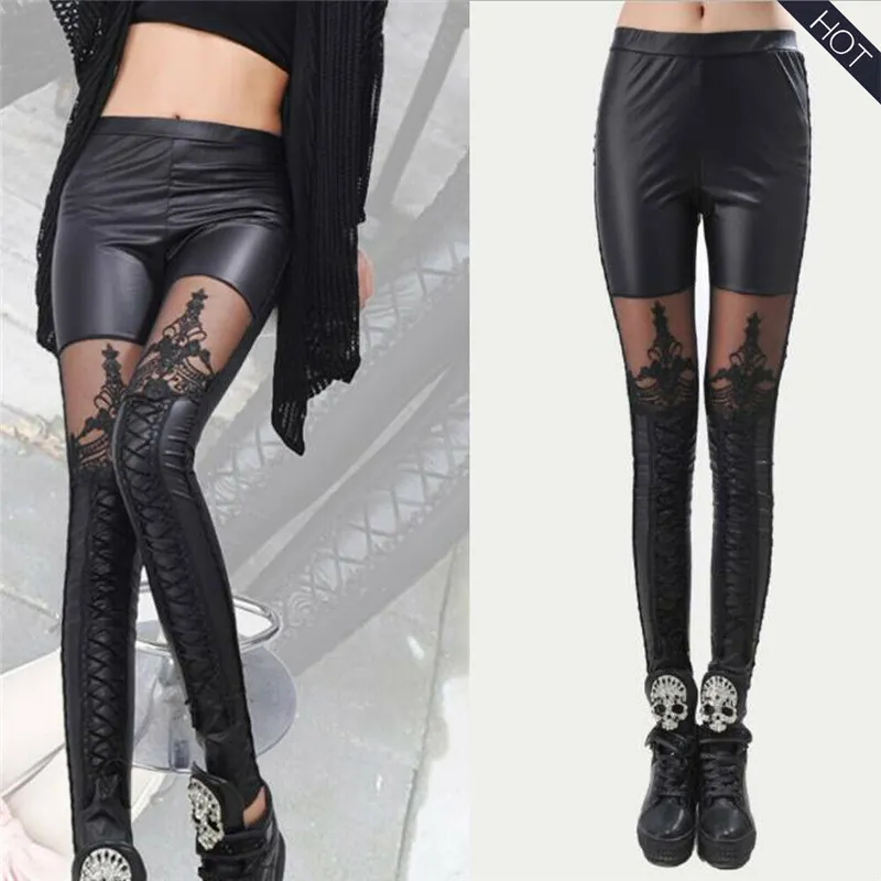 Kobiety Spodnie Trendy PU Skórzane Spodnie Dorywczo Koronki Solidne Rozciągliwe Push Up Pencil Skinny Długi Długotrwały Hollow Streetwear 210522