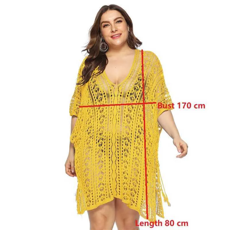 Plus Size Knitted Crochet Beach Dresses and Tunics Yellow Hollow Out Swim Suit Cover Up V-neck Irregular Beachwear Red 210629