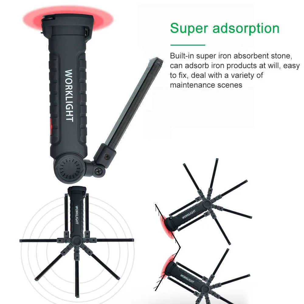 COB + LED 휴대용 손전등 USB 토치 작업 조명 자기 충전식 매달려 훅 야외 자동차 자동차 수리 비상 램프