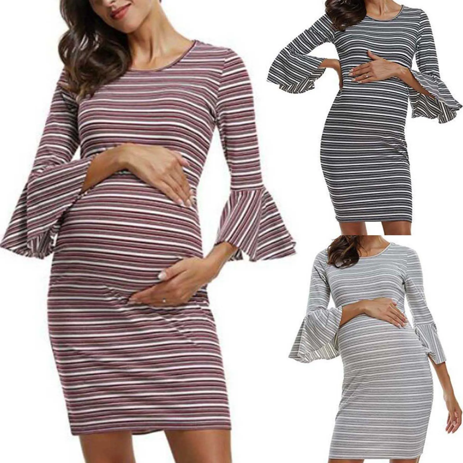 Schwangerschaftskleid Mode Schwangere Frauen Freizeitkleider Damen Gestreifter Rundhalsausschnitt Ausgestellte Ärmel Umstandskleid Kleidung Q0713