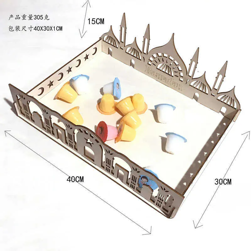 手描きのメタルイスラム教のEID Ramadan Mubarak装飾ディナープレートデザートフルーツテーブルの装飾メタル中空工芸アラブトレイ210610