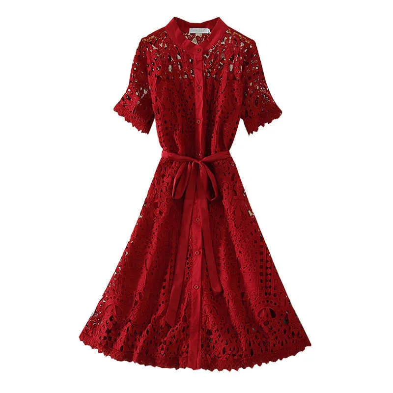 Varış yaz kendi kendine portre tek göğüslü dantel elbise oymak zarif vintage pist örgü patchwork vestido 210529