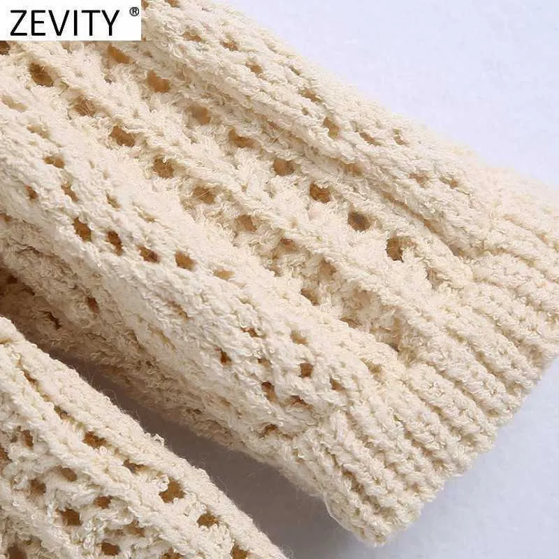 ZEVITY Women Vintage Jacquard Mesh Cloth Crochet Knitting Short Sweater Female V Neck Puff Sleeve Casual Sweater Tops SW813 210603
