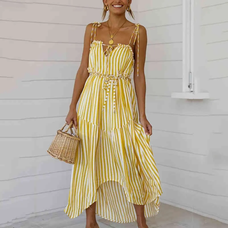 Foridol Striped Lace Up Yellow Maxi Lång Klänning Kvinnor Ruffle Casual Beach Holiday Sundress Sexig Backless Oregular Dress Vestidos 210415