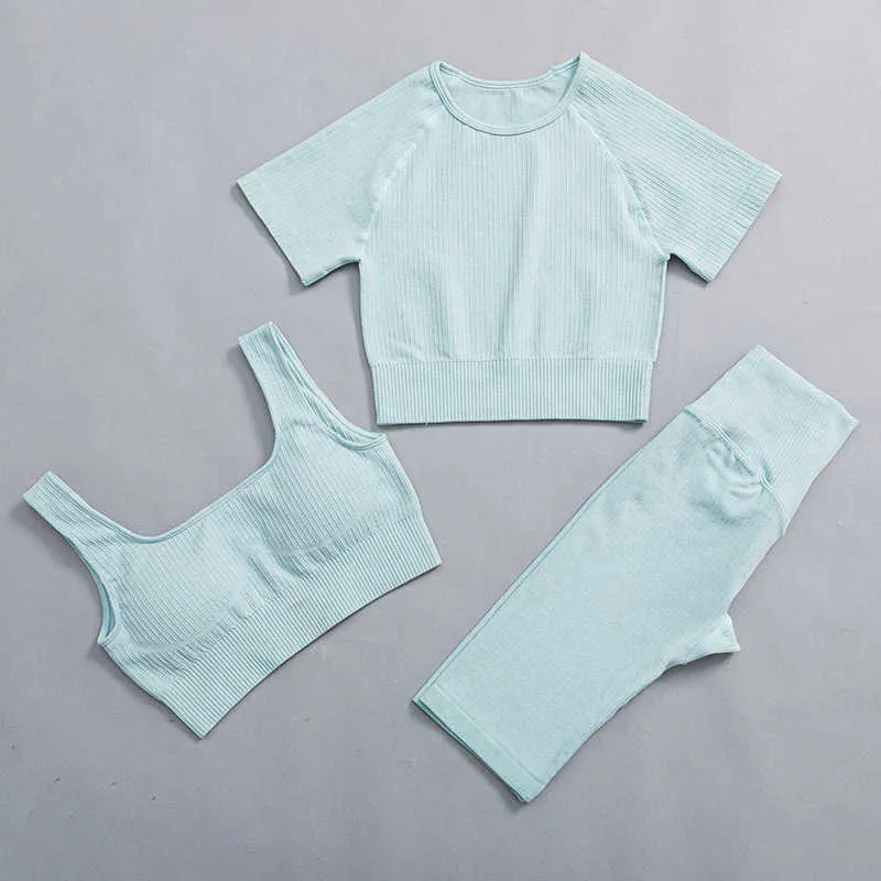 2/3 pezzi Set da yoga senza soluzione di continuità Completo sportivo Manica corta Crop Top Pantaloncini a vita alta Palestra Fitness Allenamento Abbigliamento Abbigliamento sportivo da donna 210802