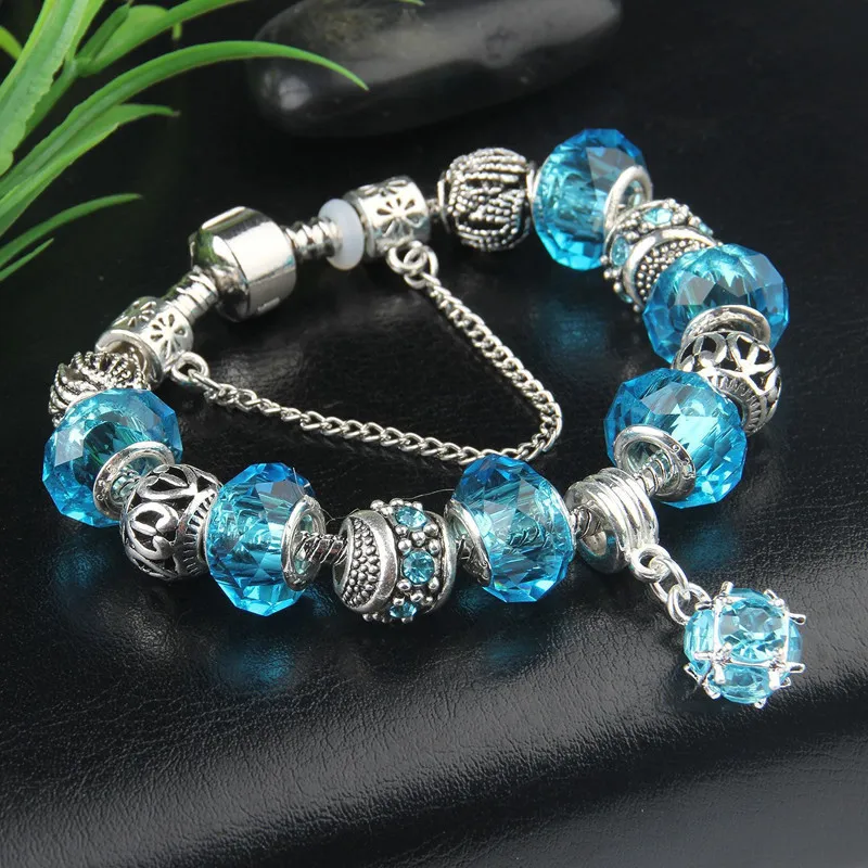 Mode Frauen Lila Kristall Armbänder Charms Perlen Anhänger Pandora Original Armband Armreif Schmuck Für Party Geschenke Diy