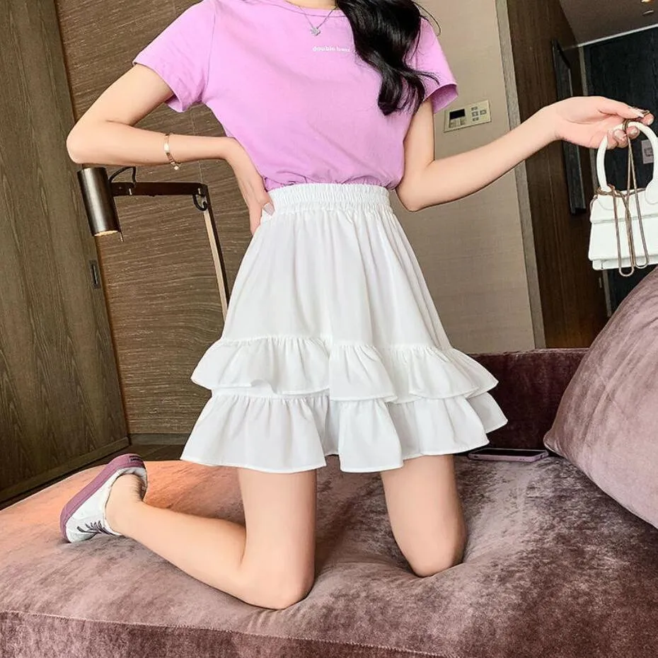 2020 summer new Ruffle Skirt High Waist Chiffon half length anti gloss pants skirt slim A-line fat mm skirt X0428