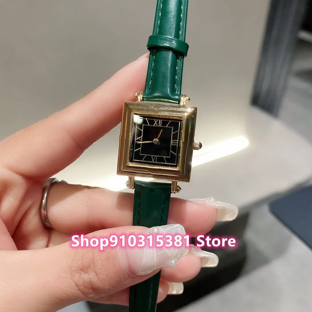 Famous Women Rose Gold Geometric Square Watches Stainless Steel Rome Number Wristwatch Female Green Leather Quartz clock