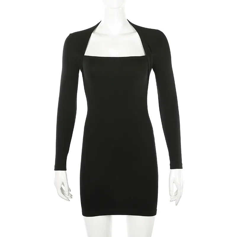 Vintage vierkante kraag lange mouw zwarte jurk vrouwen hoge taille bodycon basic korte sexy vrouw feestavond 210510