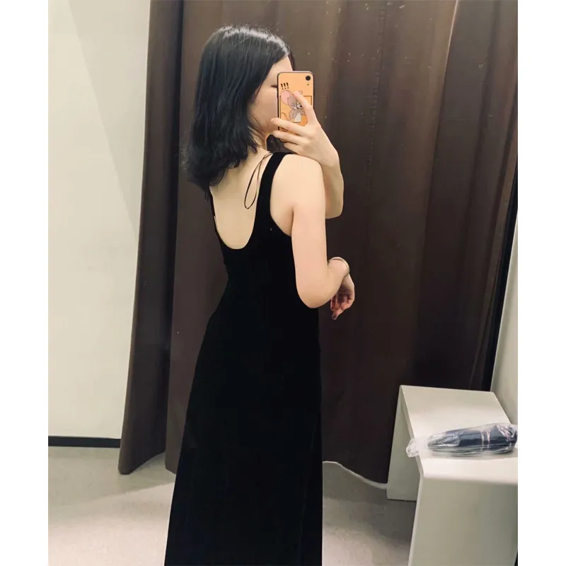 Black Velvet Dresses for Women Sexy Backless Slip Midi Woman Dress Summer Sleeveless Elegant Gowns Ladies Party 210430