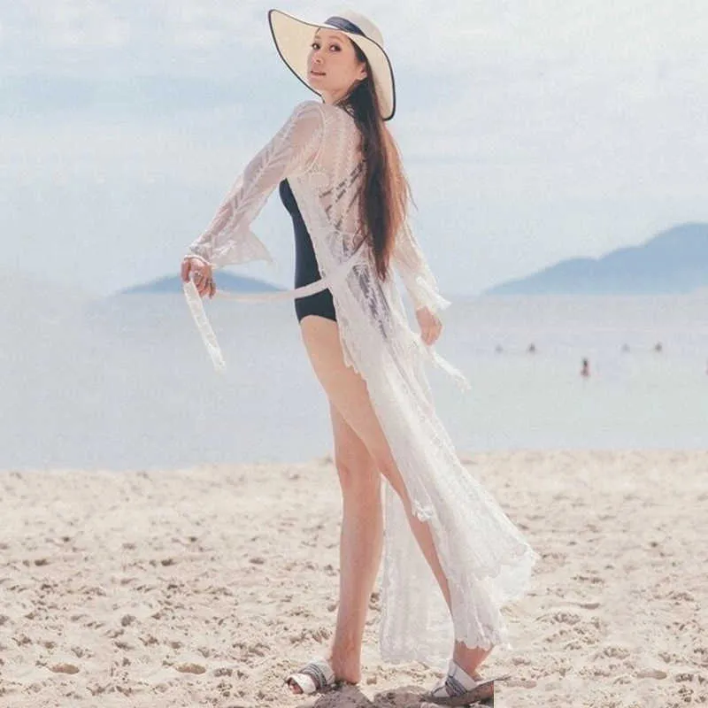 Sukienki damskie Seksowna sukienka do zatuszowania na plażę stroju kąpielowego na plażę Kaftan długa stroja kąpielowa plus sarong biała koronka x071467735