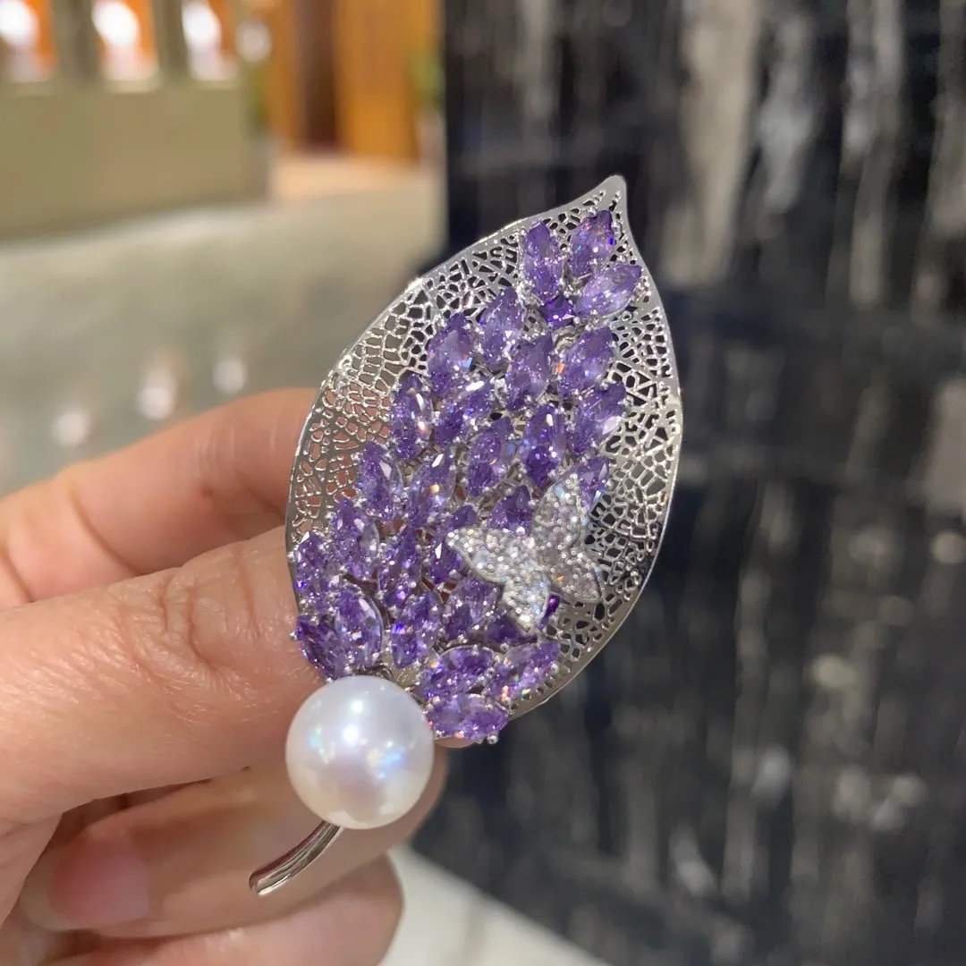 natural fresh water pearl brooch cubic zircon leaf purple multi color butterfly fashion women jewelry