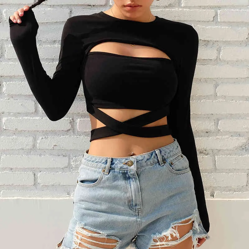 Korean Style Pop Group Show Long Sleeve Black Crop Tops Women Bandage Hollow Out Elastic T-shirt Y2K Clothes Summer 210517