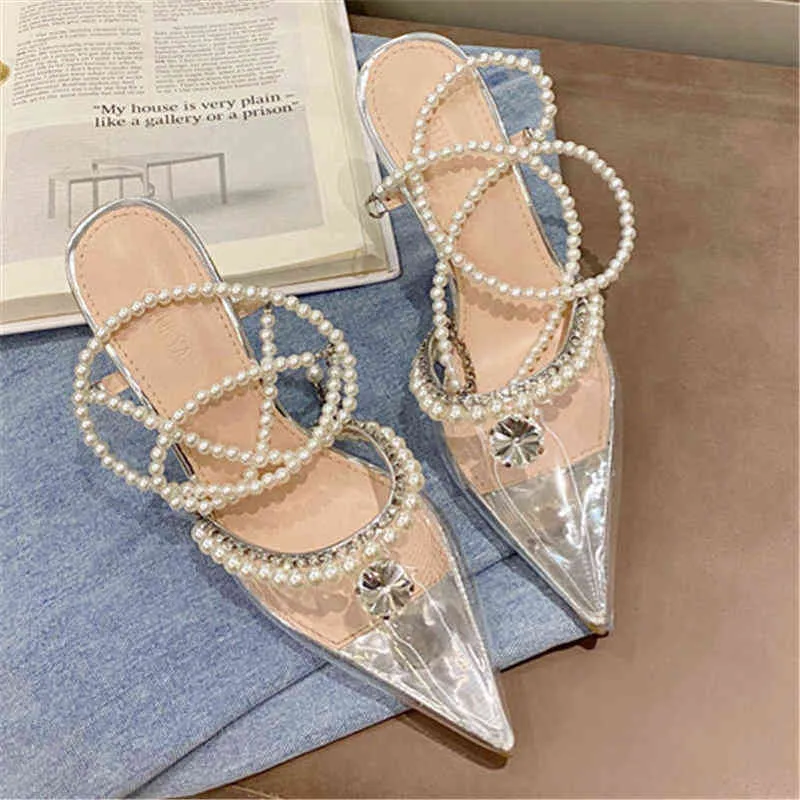 2022 Femmes 9cm High High Heels Fashion Perle Sandals Sandales Lady Stripper Pompes De Mariage Transparent Cristal Low Talons Low Strap Chaussures de bal Y220224