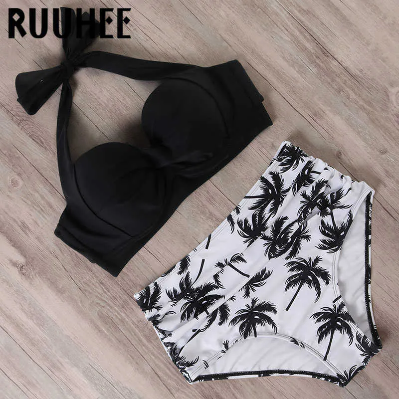 Ruuhee Halter Üst Yüksek Bel Bikini Kadınlar Bandaj Mayo Push Up Mayo Leopar Yüzme Seti Maillot de Bain Femme 210621