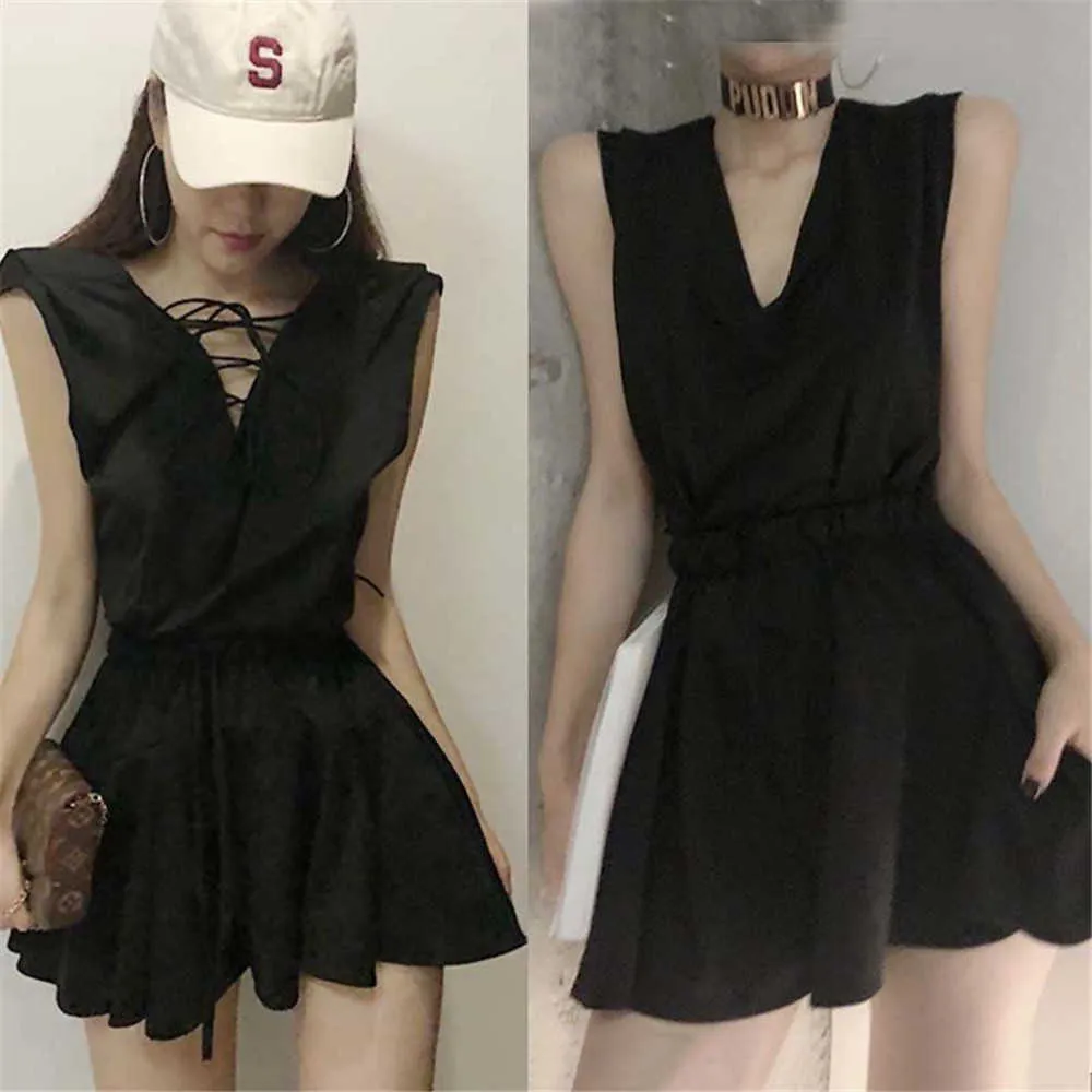 Summer Casual Set Sexy Sleeveless Deep V-Neck Tie T-Shirt + High Waist Wide Leg Skirt Short Women Cotton Loose Suit 210619