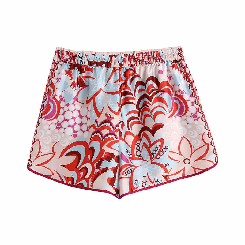 Za Hög midja blommigryck sommar shorts kvinnor vintage elastisk midjeband knäppas upp kort byxor kvinna chic sida ventiler 210719