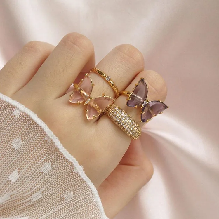 Fashion Gilded Open Ring Fabricant Direct S Bijoux en cuivre Anneau Crystal Glass Gold plaqué papillon Rings3652381