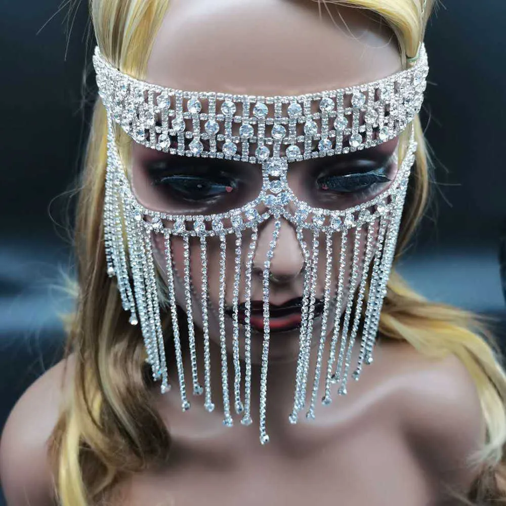 2021 Luxury Full Rhinestone Tassel Mask Mask Maskarada do twarzy biżuteria dla kobiet seksowna krystaliczna łańcuch cosplay maska ​​twarzy Akcesoria Q05248546