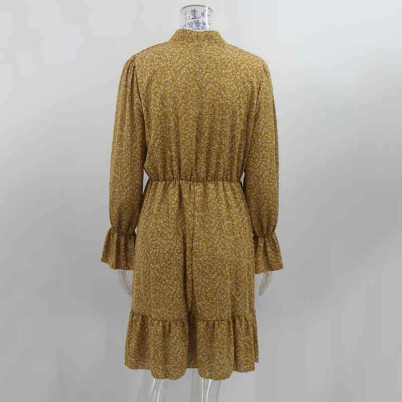 Foridol long sleeve autumn winter boho dress women casual yellow floral short dress casual office elegant dress vestidos 210415