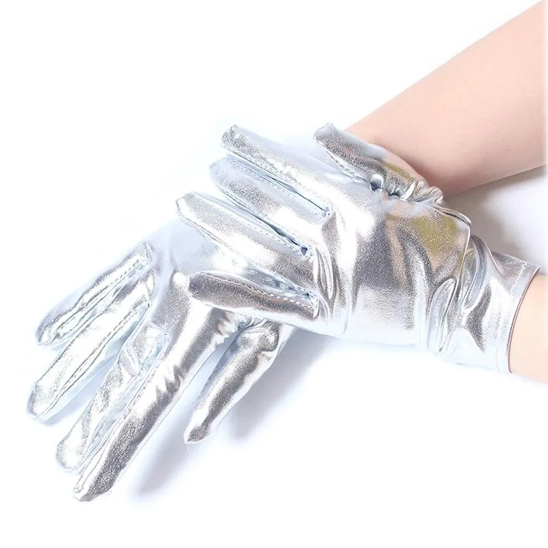 Mode or argent aspect mouillé faux cuir gants métalliques femmes Sexy Latex soirée QERFORMANCE mitaines cinq doigts 234D