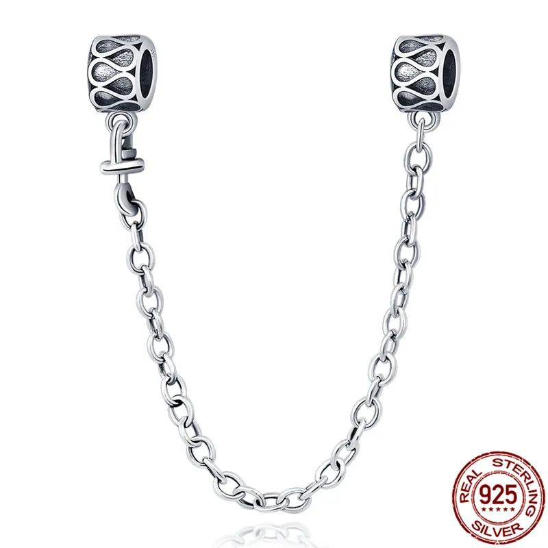 New 100% 925 Sterling Silver Flower Safety Chain Charms Bead Fits Pandora Bracelet Pendant Woman Fashion Fine Jewelry