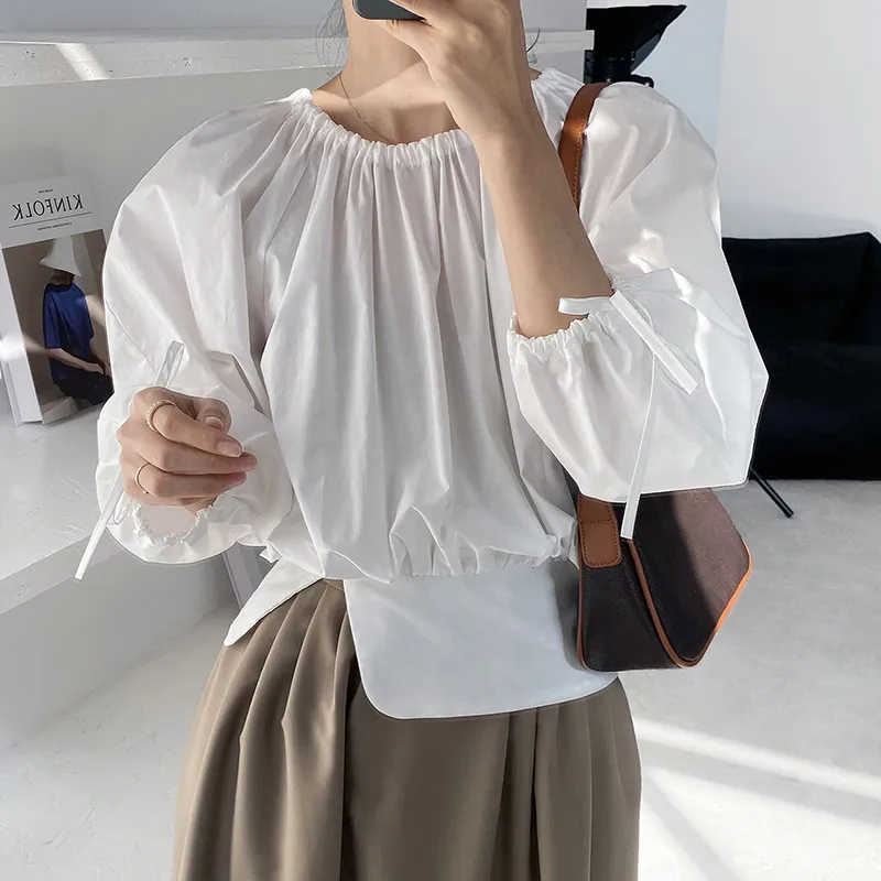 Korobov Nouvelle Arrivée O Cou Puff Manches Femmes Blouses Coréen Solid Office Lady Élégant Femme Chemises Été Blusas Mujer 210430
