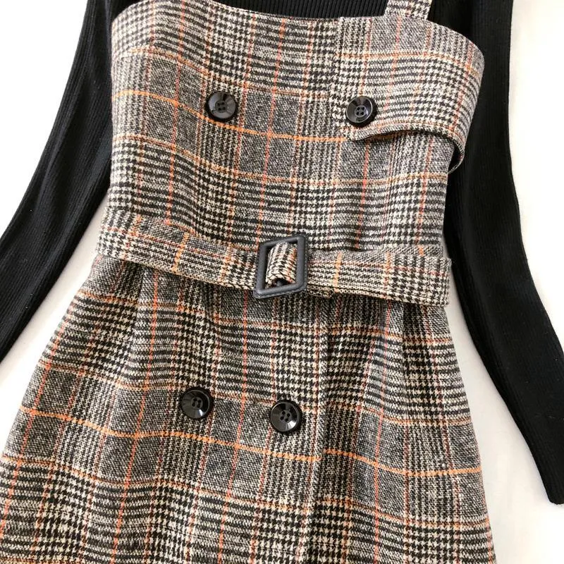 Vintage femmes robe automne hiver deux pièces ensemble pull tricoté haut et laine plaid élégant bureau ceintures 210506