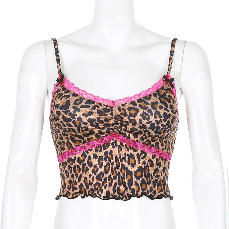 SINGREINY Donna Sexy Cinturino in pizzo Top Moda coreana con scollo a V senza maniche Leopard Slim Vest Summer Backless Short Y2K Canotta 210419