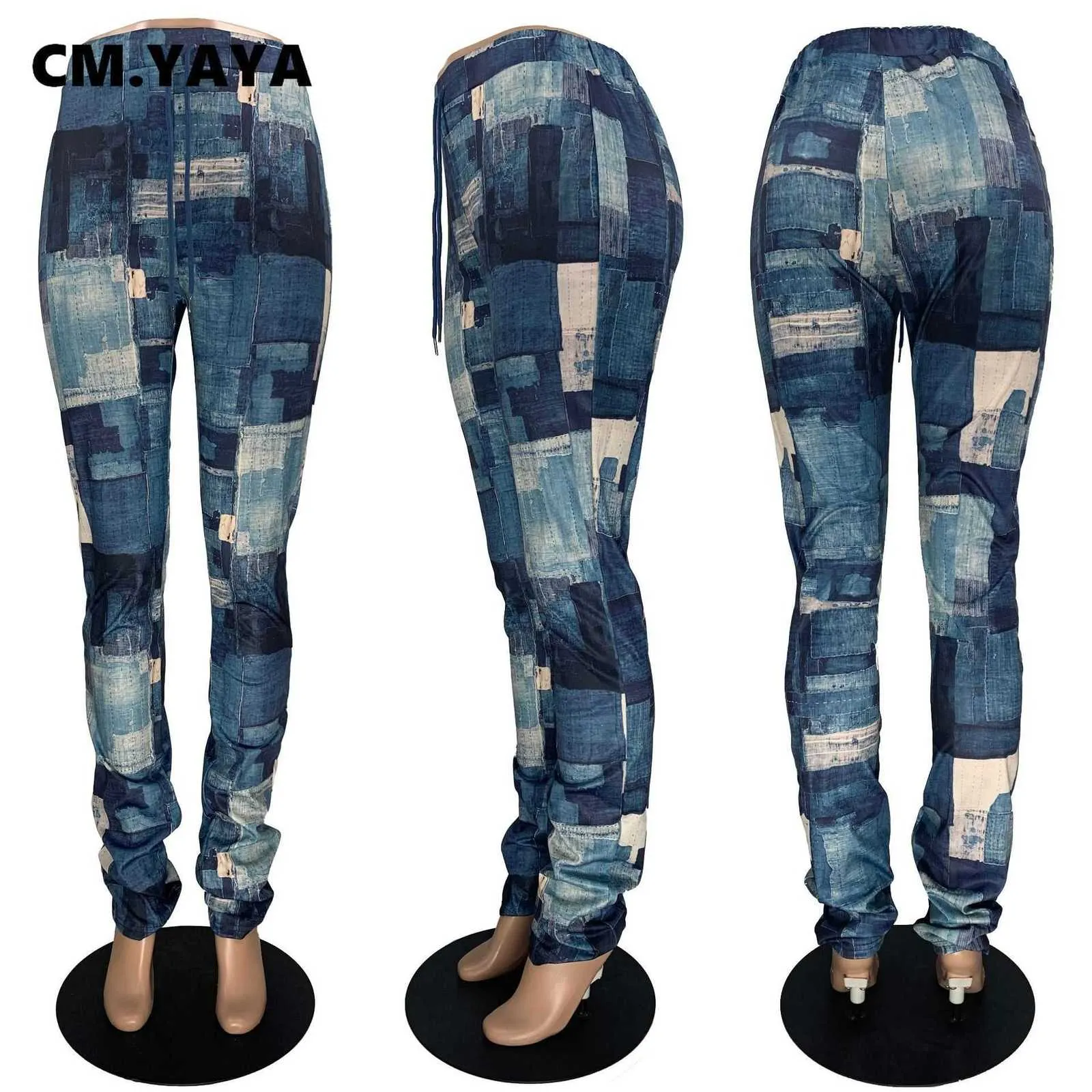 Cm.yaya jeans falsos imprimir calças femininas calças altas cintura flare sino de fundo ruched calças de pilha de pilha drapeada 211007