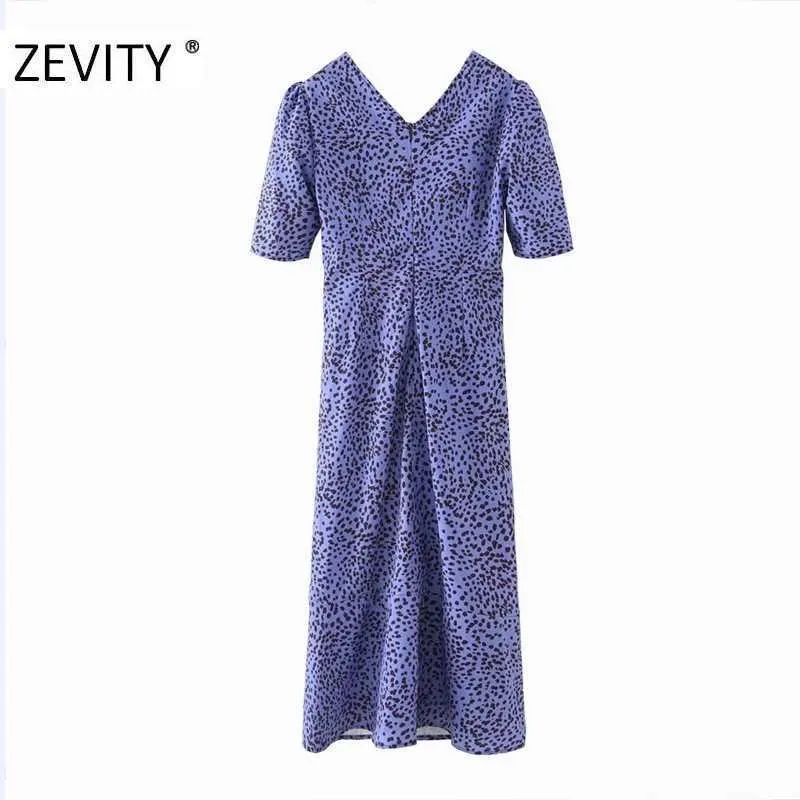 Zevity Women Vintage Vネックヒョウドットプリントプリーツスリムドレスレディースプリーツバックジッパーヴェスティッドカジュアル秋のドレスDS4454 210603