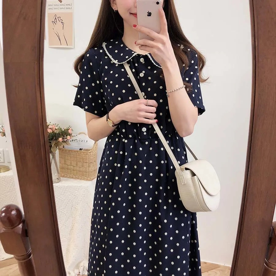 Plus Size Summer Girls Boho Party Kobieta Vintage Dress Print Blue Dot Collar Krótki Rękaw Kobiety Sukienki Robe Vestido 210417