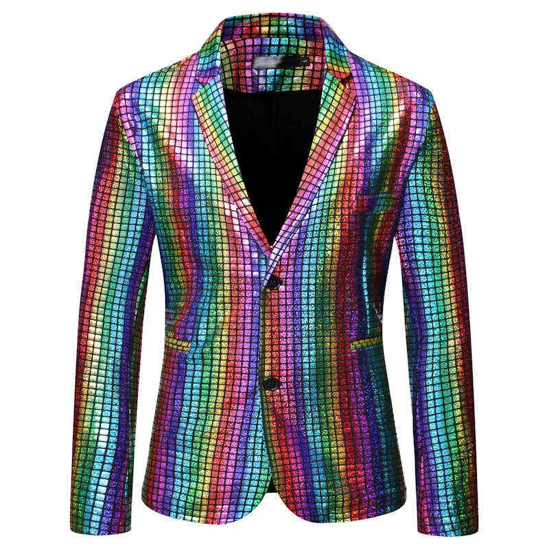 Blazer da uomo con paillettes glitterato scozzese arcobaleno da uomo 2022 giacca da uomo con risvolto con risvolto club DJ giacca da uomo abiti da palcoscenico cantanti 211120215V
