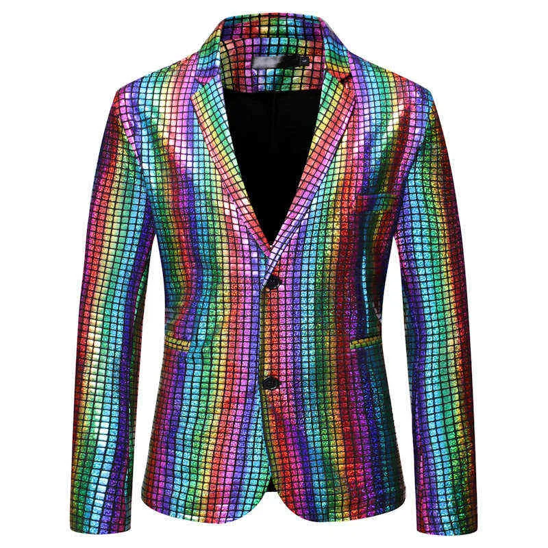 Rainbow Plaid Sequin Glitter Suit Blazer Men 2022 Brand Notched Lapel Club DJ Mens Blazer Jacket Stage Clothes for Singers 211120278s