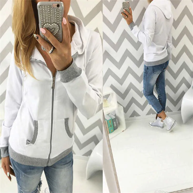 Women's Spring Winter Hoodies Long Sleeve Patchwork Colors Sweatshirts Casual Pockets Zipper Hooded Ladies Outerwear Clothing 210809